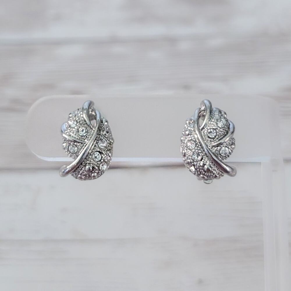 Vintage Clip On Earrings Stunning Regal Statement Silver Tone & Clear Gem